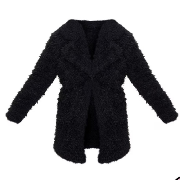 PrettyLittle Thing PETITE BLACK TEDDY FAUX FUR COLLAR MIDI COAT - Picture 4 of 10